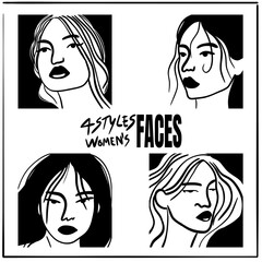 4 styles of women’s faces in different postures, outline art style, representing the beauty of women.