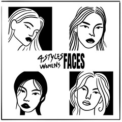 4 styles of women&rsquo;s faces in different postures, outline art style, representing the beauty of women.