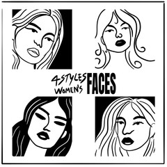 4 styles of women&rsquo;s faces in different postures, outline art style, representing the beauty of women.