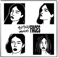 4 styles of women&rsquo;s faces in different postures, outline art style, representing the beauty of women.