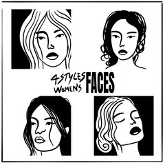 4 styles of women’s faces in different postures, outline art style, representing the beauty of women.