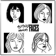 4 styles of women’s faces in different postures, outline art style, representing the beauty of women.