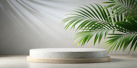 Fototapeta premium Tropical stone podium with palm leaf and shadow, perfect for cosmetic product display promotion