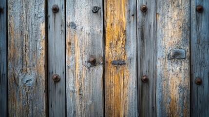 Obraz premium Close-up of weathered vintage wood panels on a historic building, highlighting the unique textures and natural aging process of the wood.