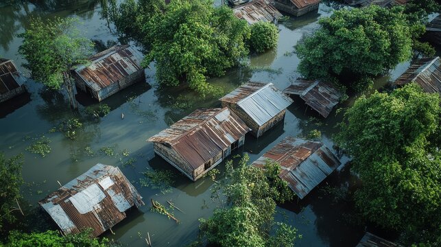 Aerial view of flooded houses and trees submerged in water, showing the impact of a natural disaster in a rural area.