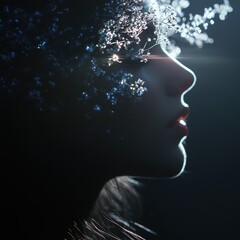 Ethereal Side Profile of Woman with Sparkling Floral Headpiece in Dramatic Lighting