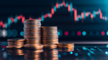 Stacks of coins and financial charts in the background, close up. Conceptual stock market business plan or vintage shopping sale illustration design with a trading chart.