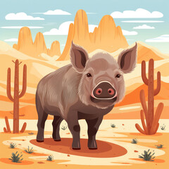 Cute Cartoon Javelina in the Desert