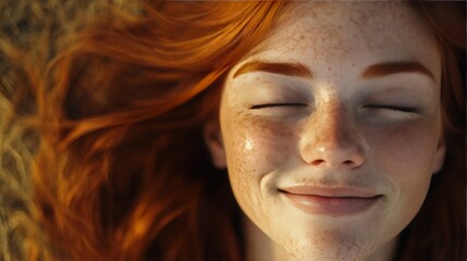 A close-up of a Caucasian woman with freckles and red hair, smiling gently against a soft, blurred background