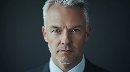 Fototapeta premium A close-up portrait of a Caucasian man with salt-and-pepper hair, dressed in business attire, looking confidently at the camera