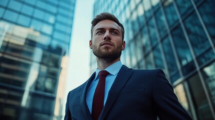 Fototapeta premium A detailed shot of a Caucasian man in a suit and tie, standing confidently in front of a modern office building with a determined look