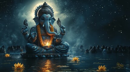 Beautiful Ganesha statue in a serene water setting with glowing flowers and starry night sky, capturing a spiritual and serene atmosphere.