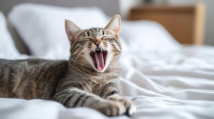 A cute gray tabby cat yawning on bed