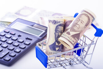 買い物カートと現金の消費イメージ