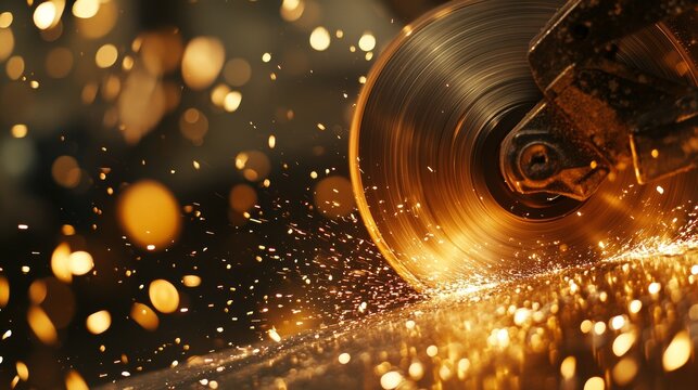 Metalworking with a hand-held circular saw close up the disk is blurred in motion many sparks are visible