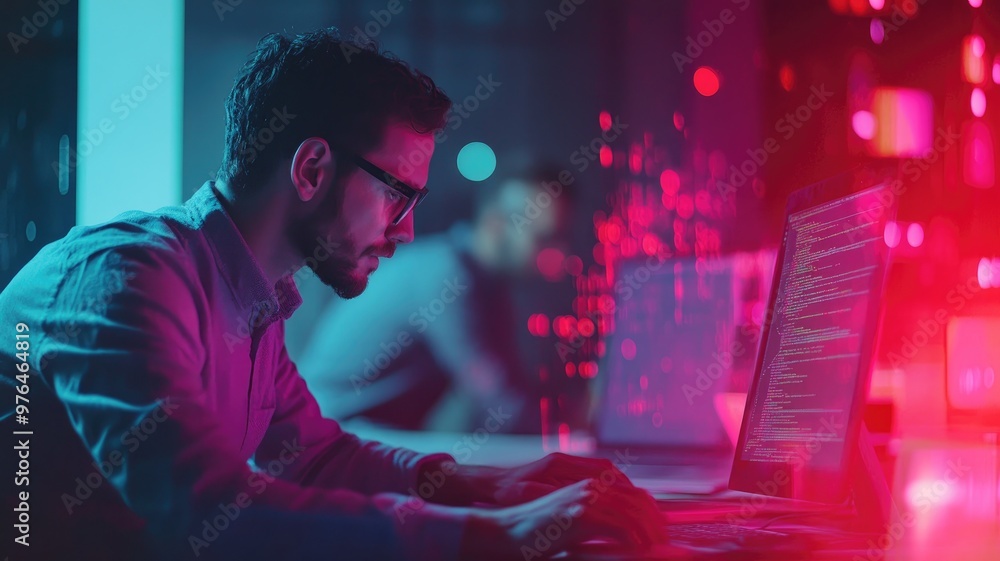 Poster man coding on laptop in dimly lit tech office
