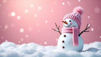 A joyful snowman in a pink hat and scarf on snow, with a festive pink and bokeh-lit background