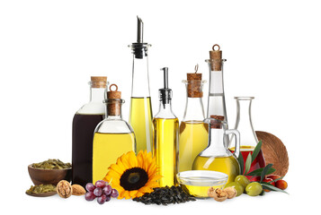 Vegetable fats. Set of different oils and ingredients isolated on white
