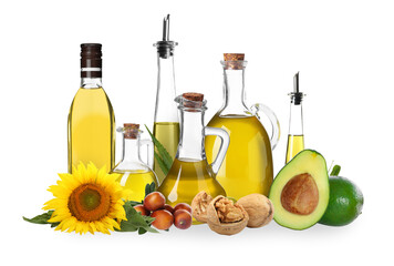 Vegetable fats. Set of different oils and ingredients isolated on white