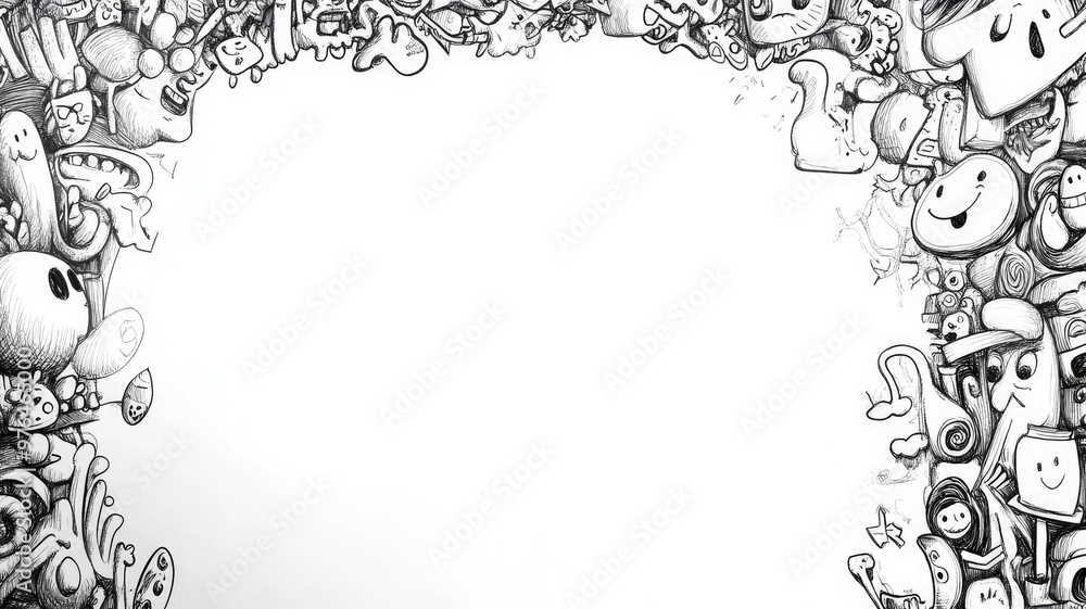 Poster Black and white doodle art with whimsical array of characters framing blank space