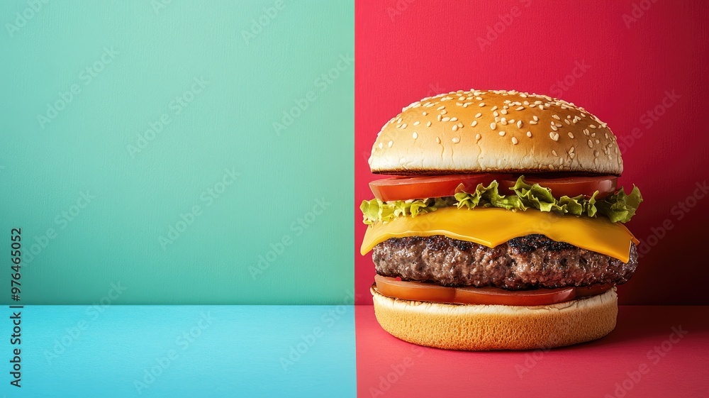 Wall mural juicy cheeseburger with lettuce, tomato, and cheese on sesame bun against split green red background