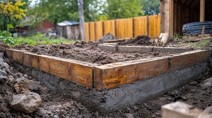 Close-up image of a house foundation under construction in a backyard with wooden forms and concrete base, outdoor setting.