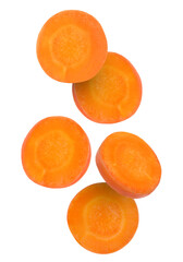 Round carrot slices in air on white background