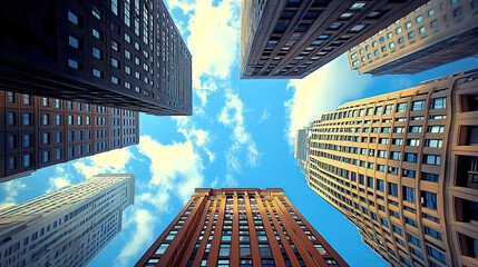 Look up at the tall buildings in the city center and shoot from a low Angle with a wide-angle lens