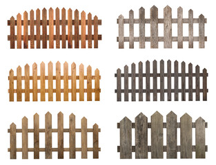 Different wooden fences isolated on white, set