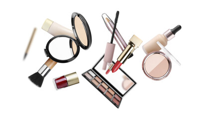 Different makeup products flying on white background