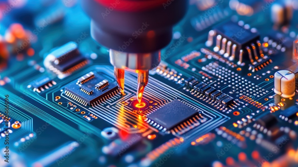 Poster a close up of a circuit board with a small red light on it