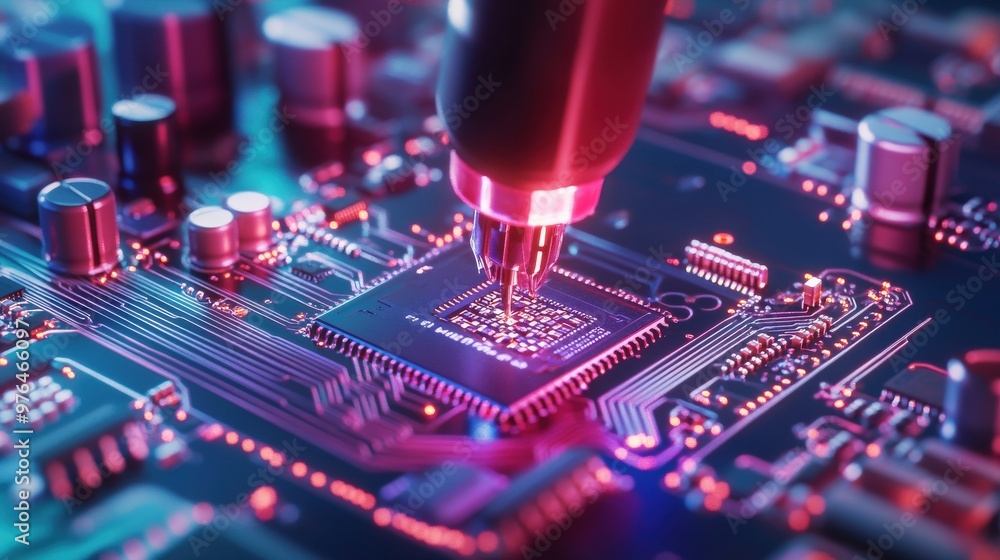 Aufkleber a close up of a circuit board with a small red light on it