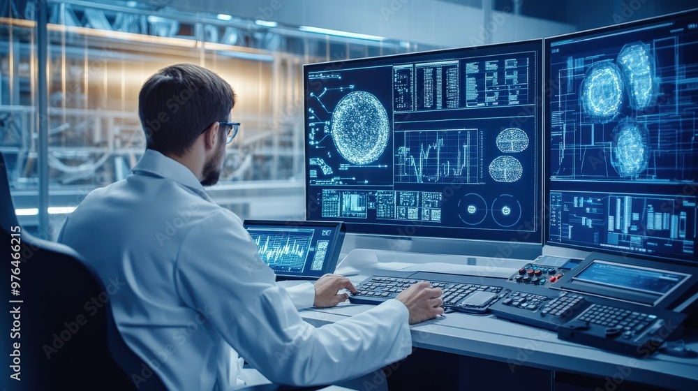 Poster a man in a lab coat is working on a computer with three monitors