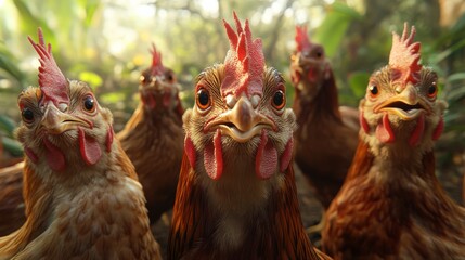 Naklejka premium Close-up of a group of curious chickens with vibrant feathers, set against a blurred natural background in a farm setting.