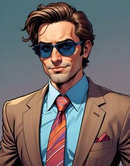 A caricature of a seductive man with well-combed hair, wearing a sharp suit, oversized tie, and sunglasses. 