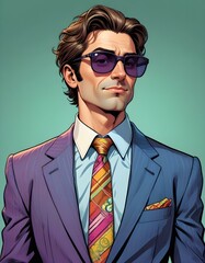 A caricature of a seductive man with well-combed hair, wearing a sharp suit, oversized tie, and sunglasses. 