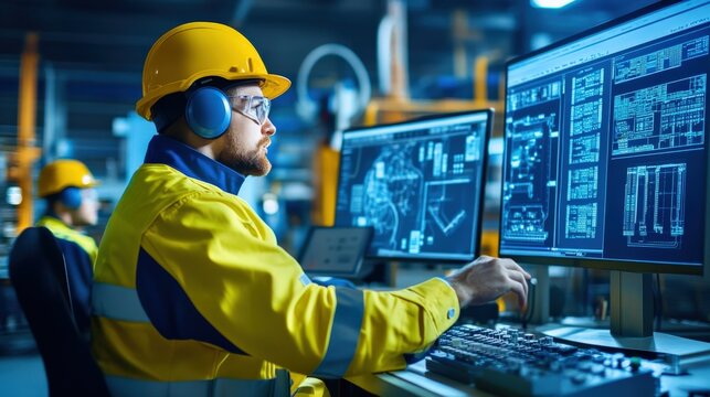 A man in a yellow jacket is working on a computer with a yellow monitor