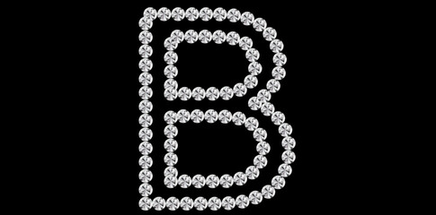 Silver Rhinestone Diamonds Alphabet Letter B Luxury Text Design Vector Illustration, Capital Diamonds Letter B On Black Background.	