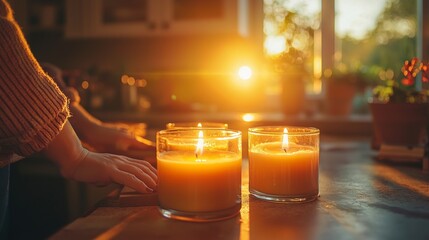 Burning Candles on Wooden Table with Sunset Glow