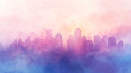 Watercolor cityscape with a pink and blue sky.