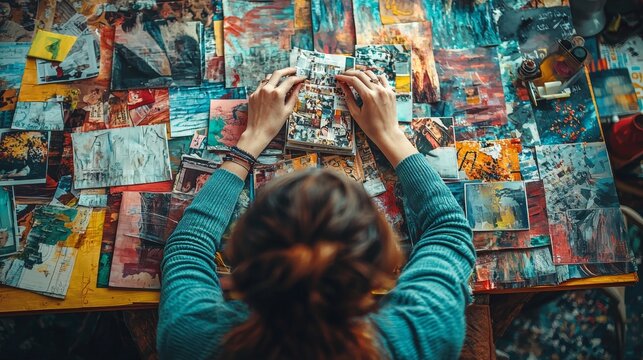 Woman Creating Collage Artwork with Colorful Papers - Powered by Adobe