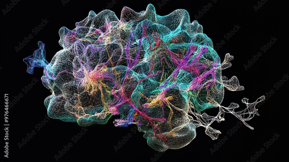 Poster a 3d model of the human brain's neural network, showing the complex connections and brain regions.