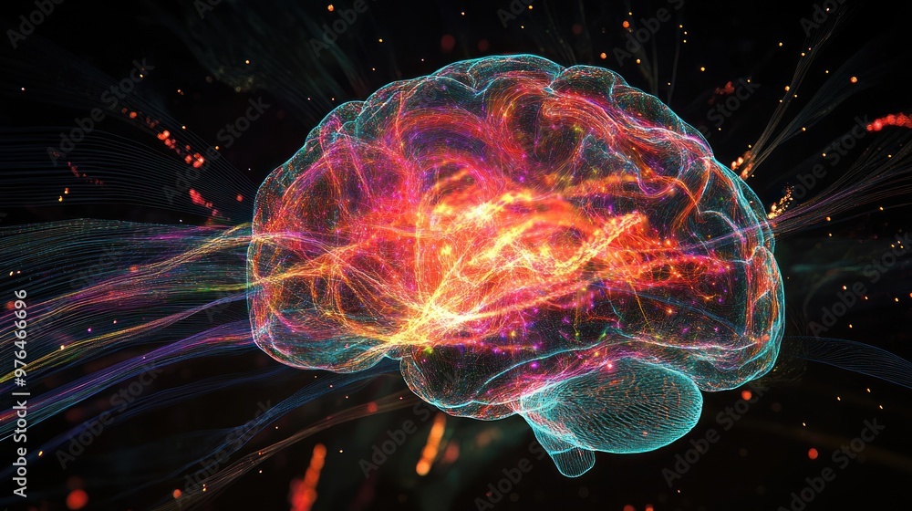 Poster a 3d model of the human brain's neural network, showing the complex connections and brain regions.