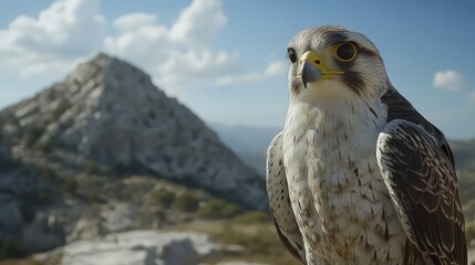Obraz premium Close-up of a majestic falcon with a rocky mountain background on a clear day, showcasing the elegance and power of this magnificent bird of prey.
