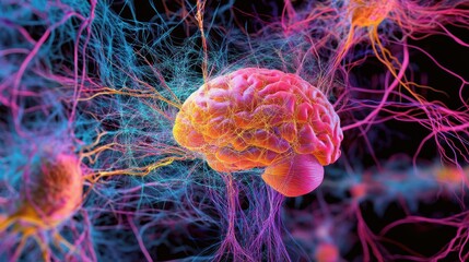 A 3D model of the human brain's neural network, showing the complex connections and brain regions.