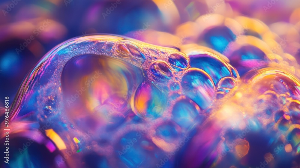 Poster a close-up of soap bubbles reflecting a spectrum of colors, with intricate light patterns