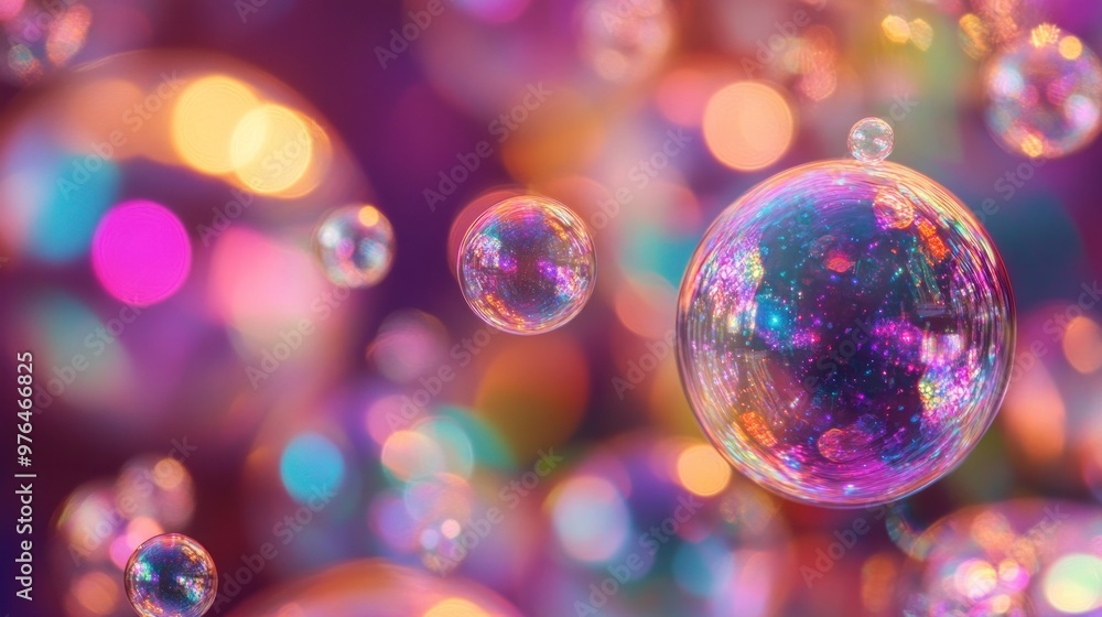 Poster a close-up of soap bubbles reflecting a spectrum of colors, with intricate light patterns