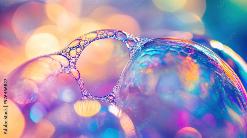 Poster a close-up of soap bubbles reflecting a spectrum of colors, with intricate light patterns