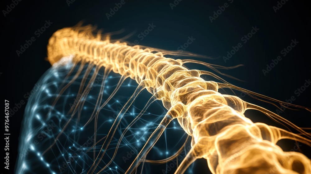 Poster a detailed view of the spinal cord and its branching nerves, showing the connection between the brai