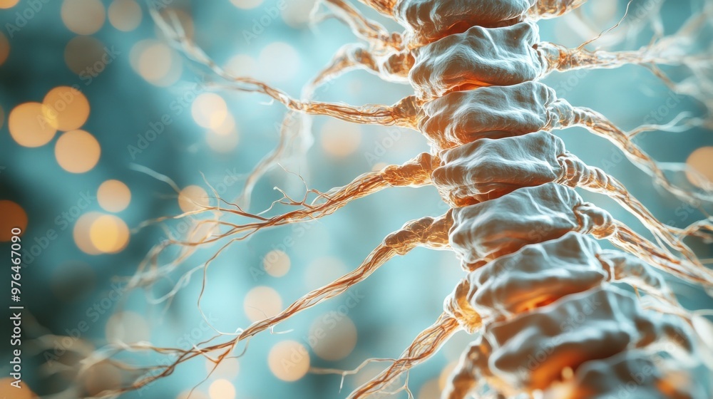 Poster a detailed view of the spinal cord and its branching nerves, showing the connection between the brai
